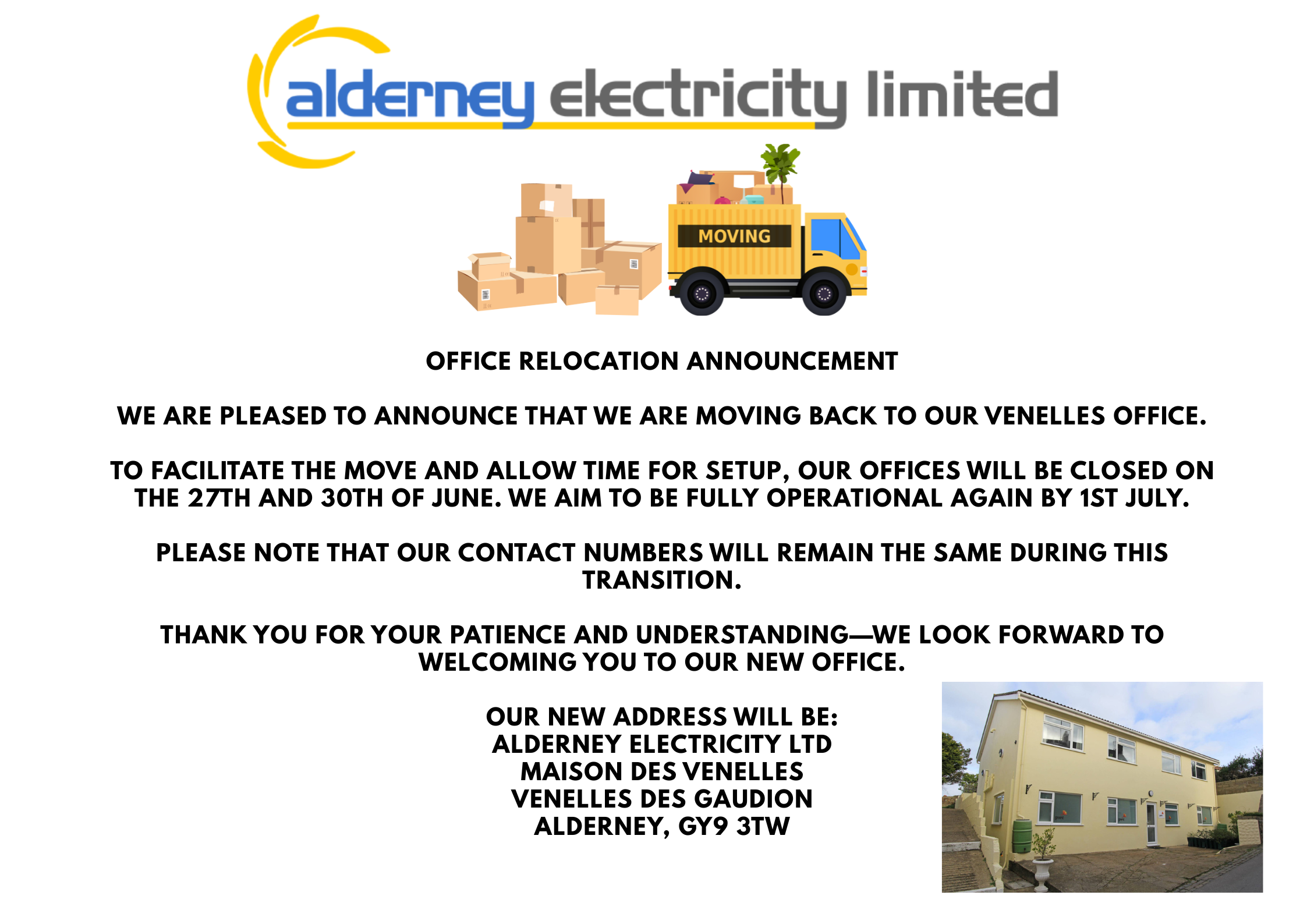 WE ARE MOVING OUR GENERAL OFFICE
